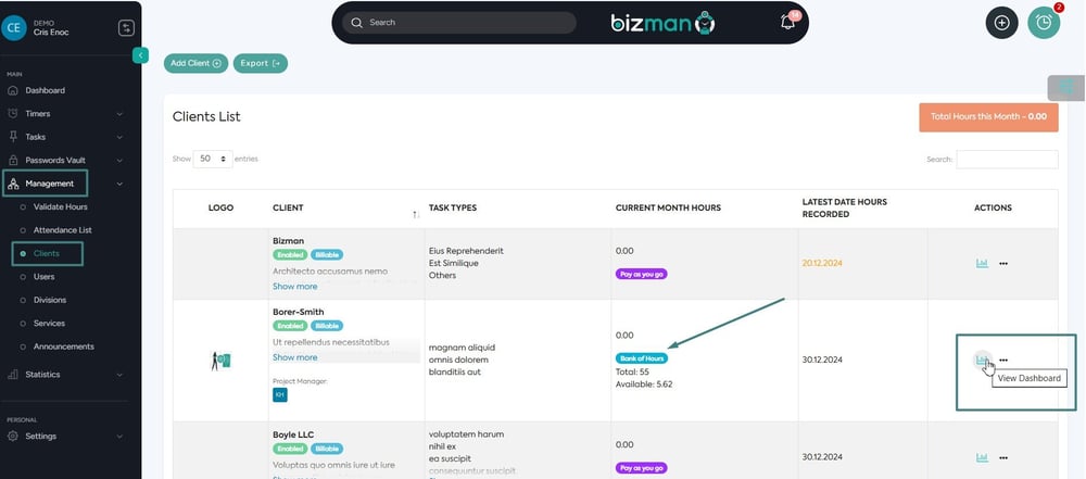 Bizman Client Type Client List table