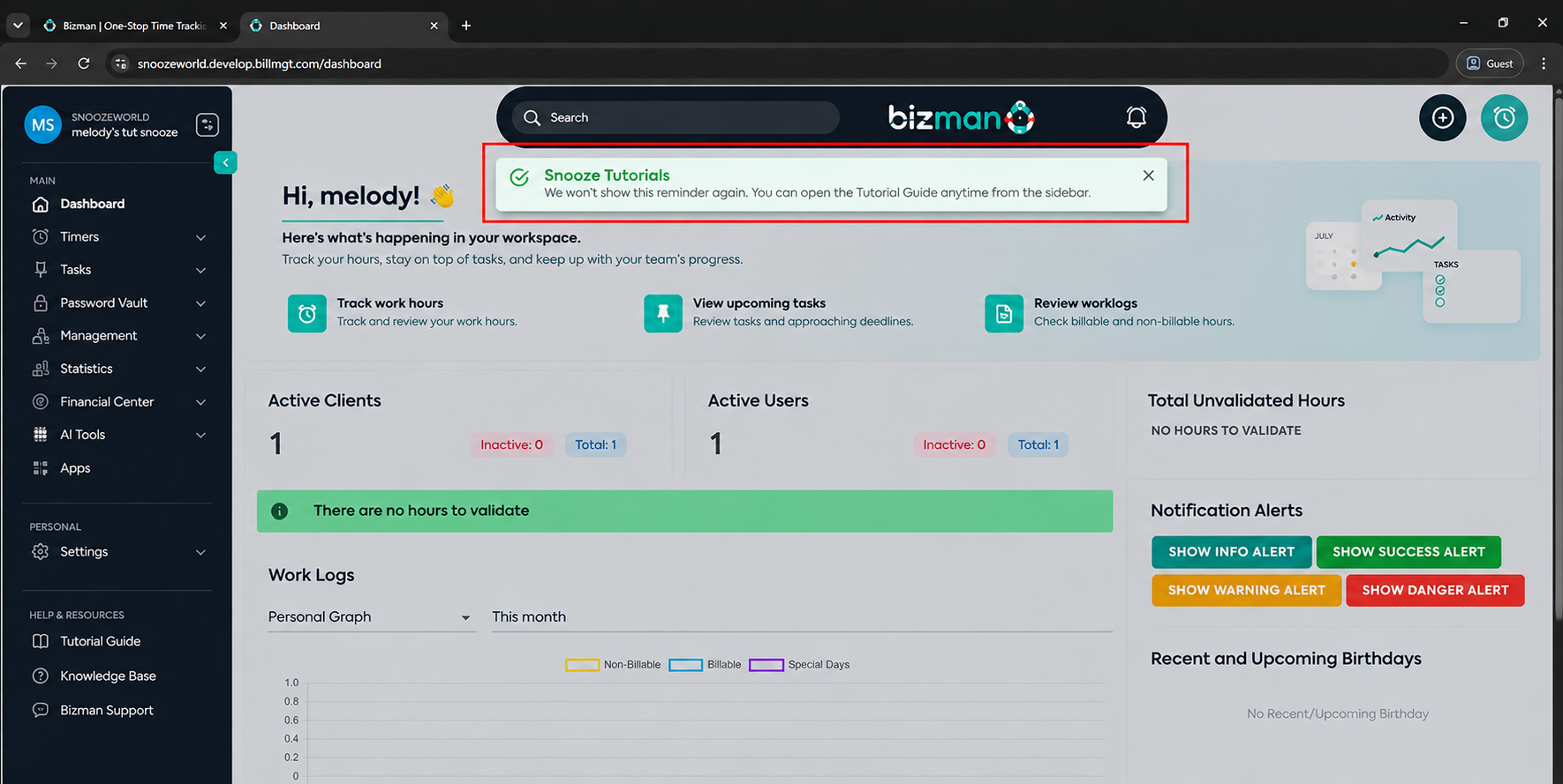 Bizman Dashboard Tutorial Reminder