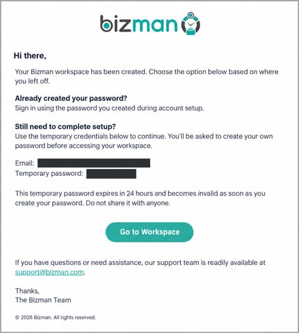 Bizman Workspace Setup Email