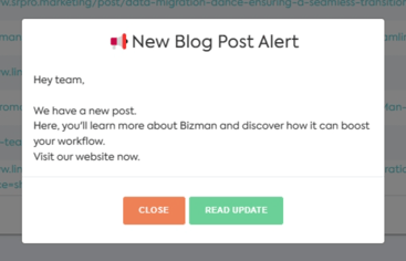 Bizman new announcement popup