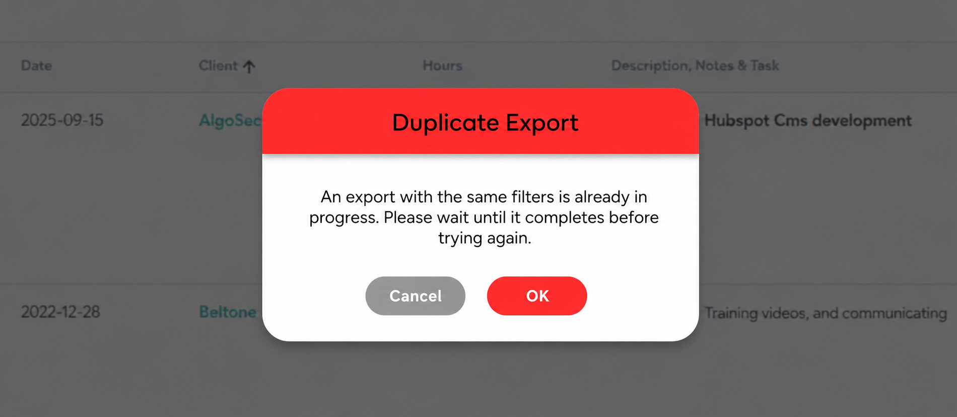 Duplicate export validation Bizman