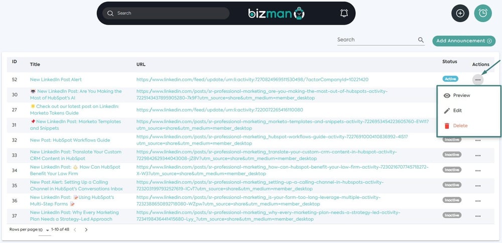 announcement preview in Bizman