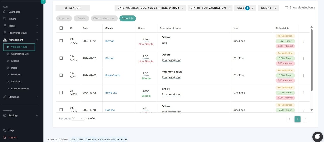 bizman validate hours page