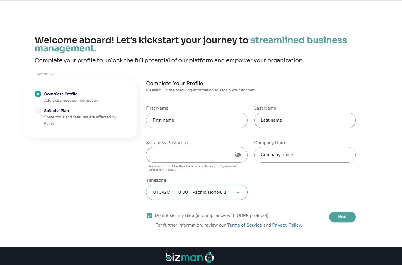 bizman wizard onboarding