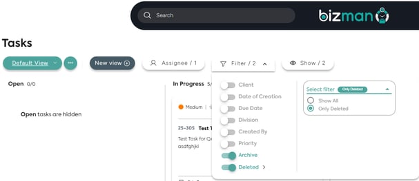 radio buttons for archive and deleted filters