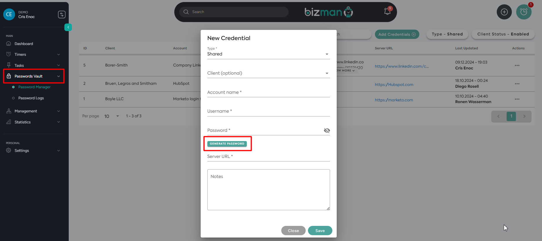 Bizman Password Vault tool