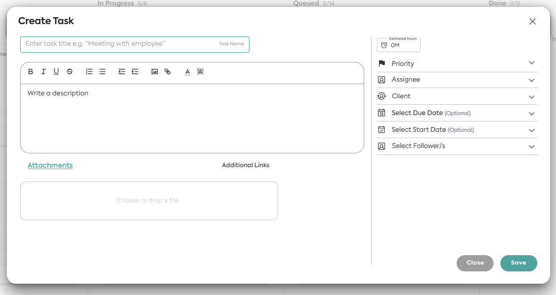 Create task form in Bizman