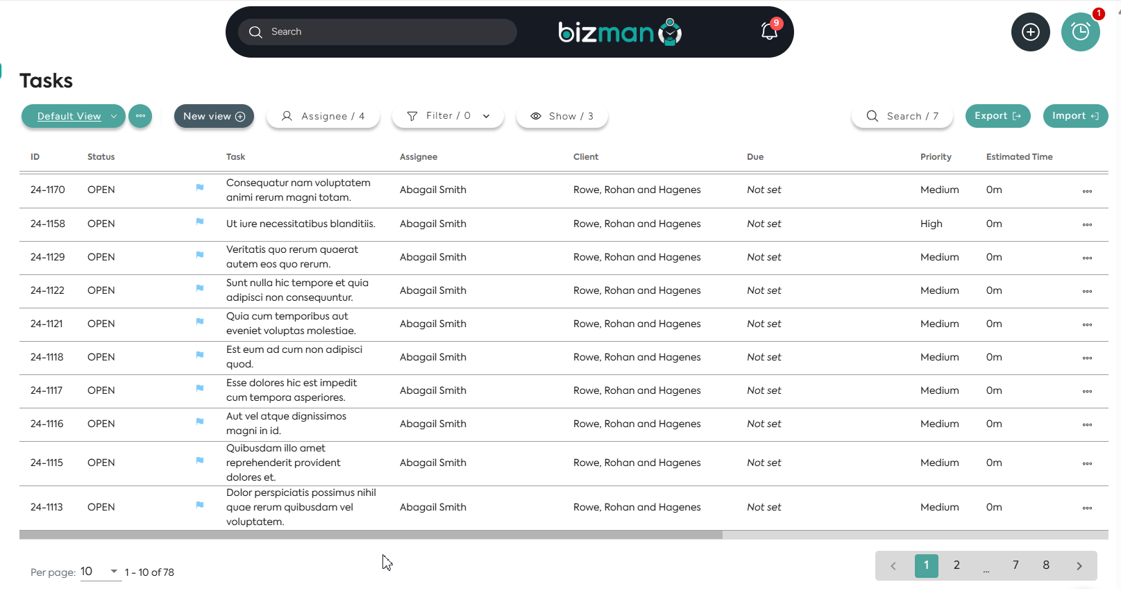 Bizman task list view