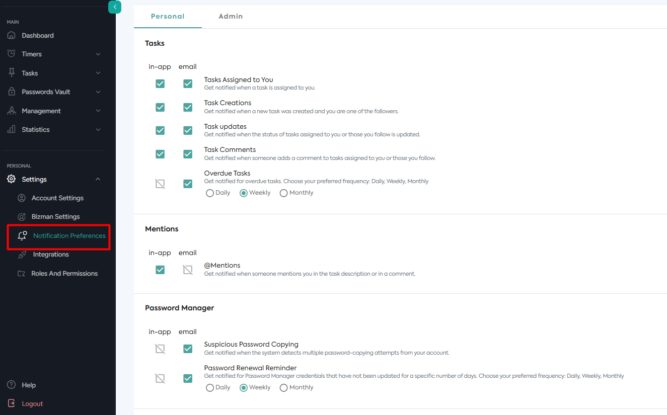 Bizman Notification Preferences