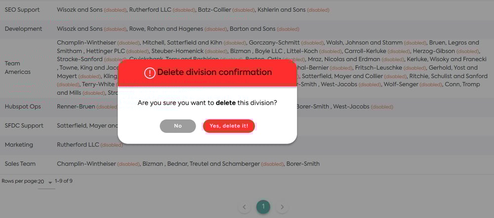 deleting division in Bizman