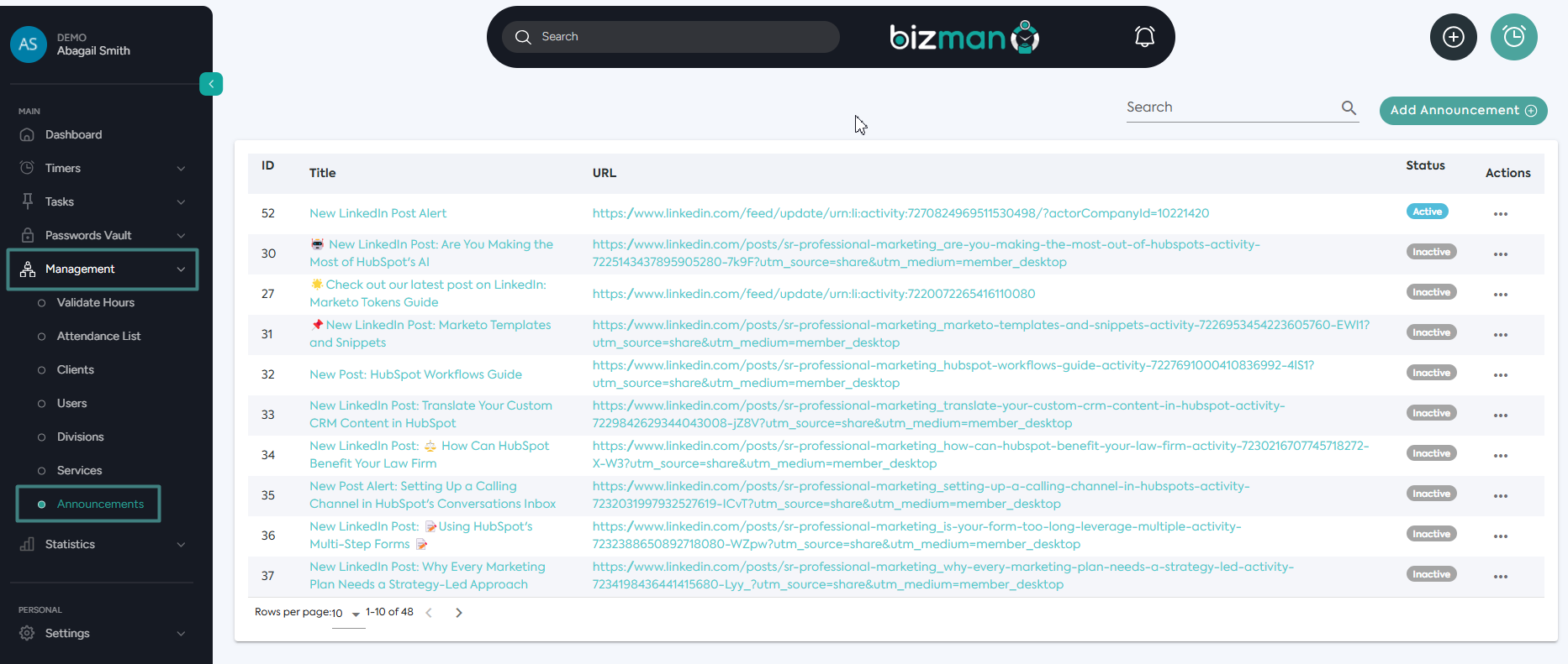 Bizman Announcement feature