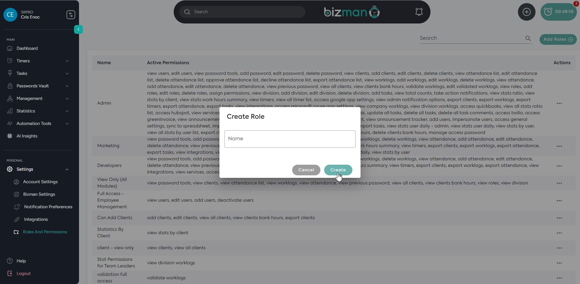 roles and permisions bizman