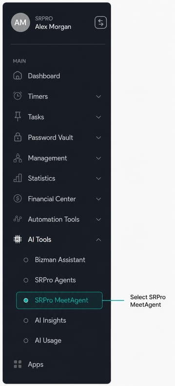 srpro meetagent access from bizman
